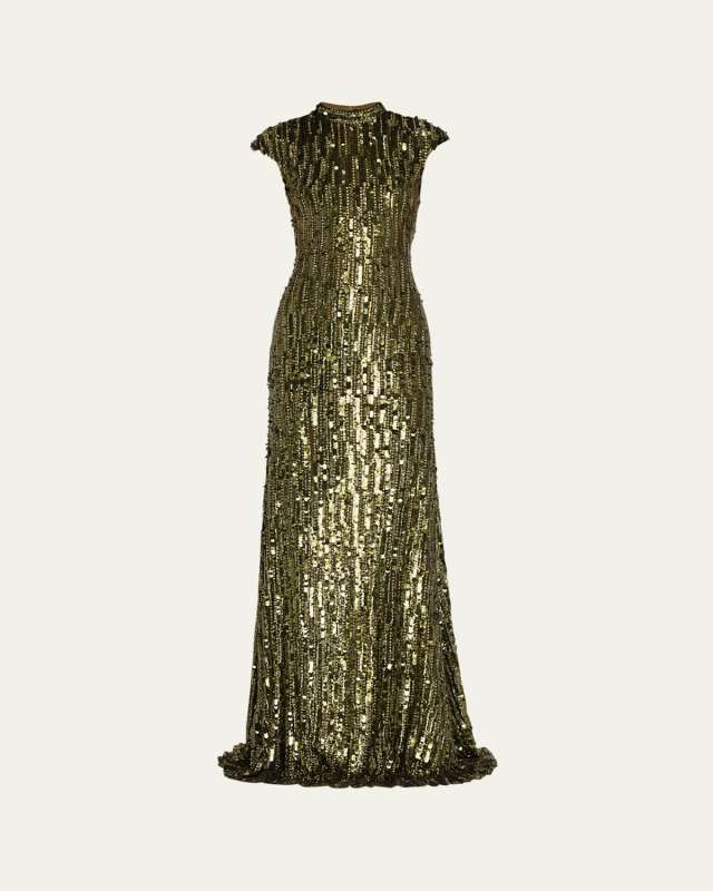 Mock-Neck Cap-Sleeve Sequin Gown